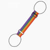 A colorful, striped nylon luggage strap with circular ends.