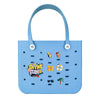 Sac de plage étanche en caoutchouc EVA bleu clair avec poignée et icônes imprimées.