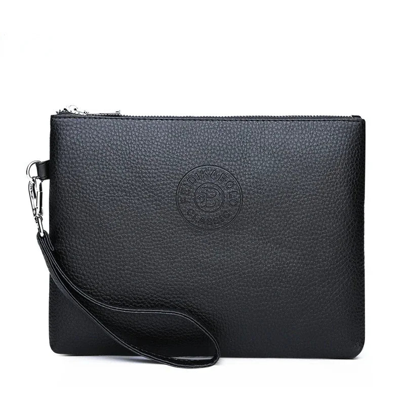 Black elegant PU leather men's clutch wallet with silver hardware