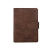 A brown leather passport organizer with a flap closure and card slots.