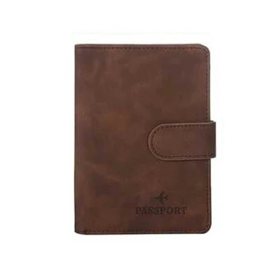 A brown leather passport organizer with a flap closure and card slots.