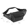 Black genuine leather adjustable waist bag shown from the side with dimensions.
