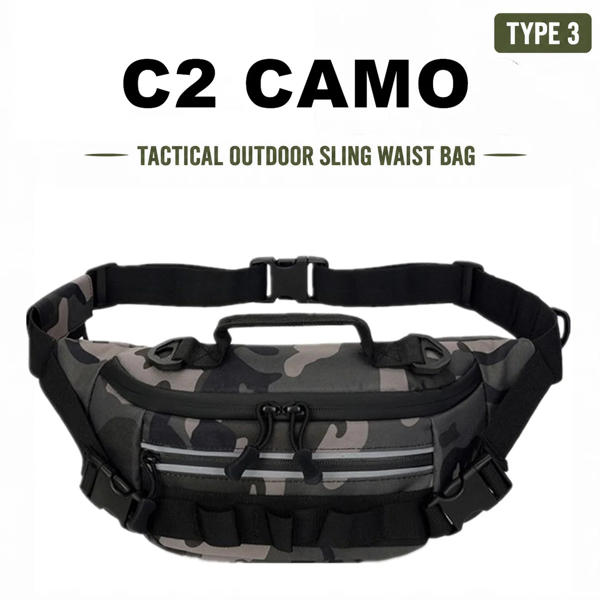 C2 Camo tactical outdoor sling waist bag shown in a close-up view