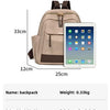 A tan backpack is shown next to an iPad, with dimensions marked, and product details listed.