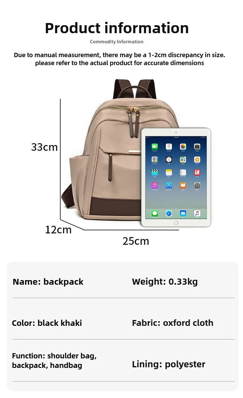 A tan backpack is shown next to an iPad, with dimensions marked, and product details listed.