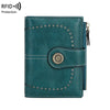 A teal leather wallet with stitching and a protective flap, featuring an RFID protection feature.