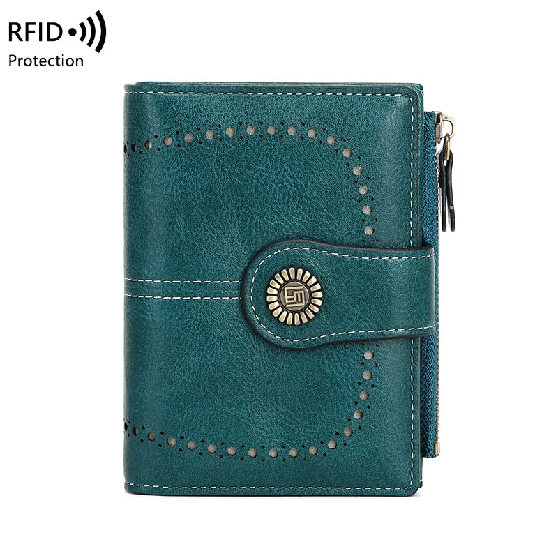 A teal leather wallet with stitching and a protective flap, featuring an RFID protection feature.
