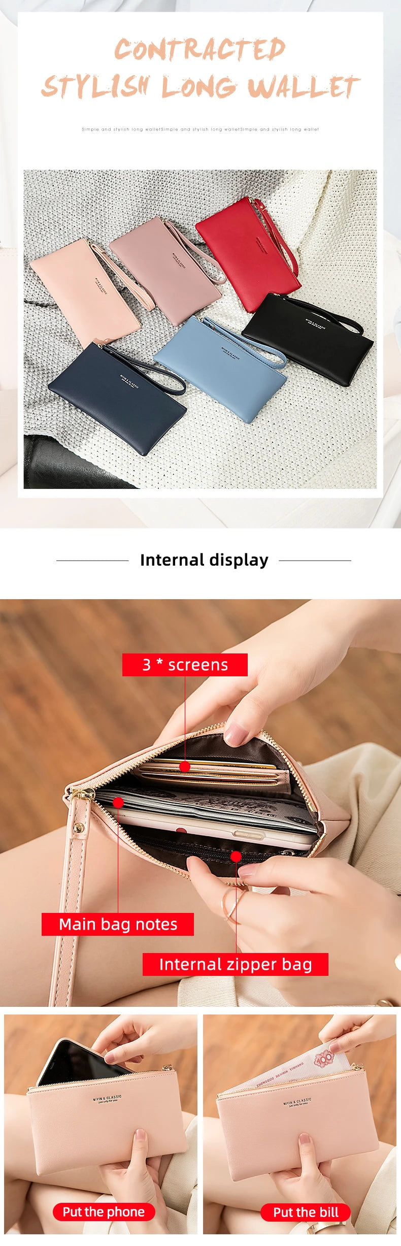 Eine Sammlung von fünf rosa, blau und schwarzen Kunstleder-Wallets auf weißem strukturiertem Hintergrund.