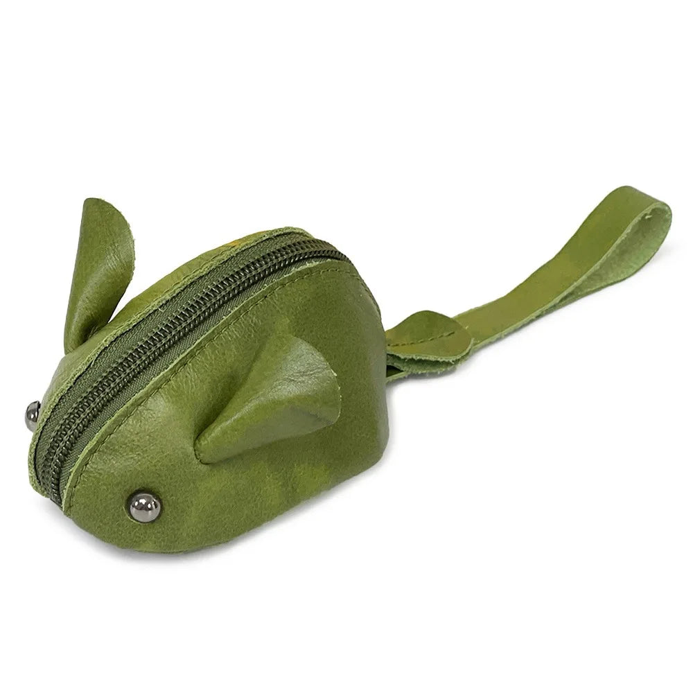 Portefeuille en cuir de souris de dessin animé vintage, couleur vert olive.