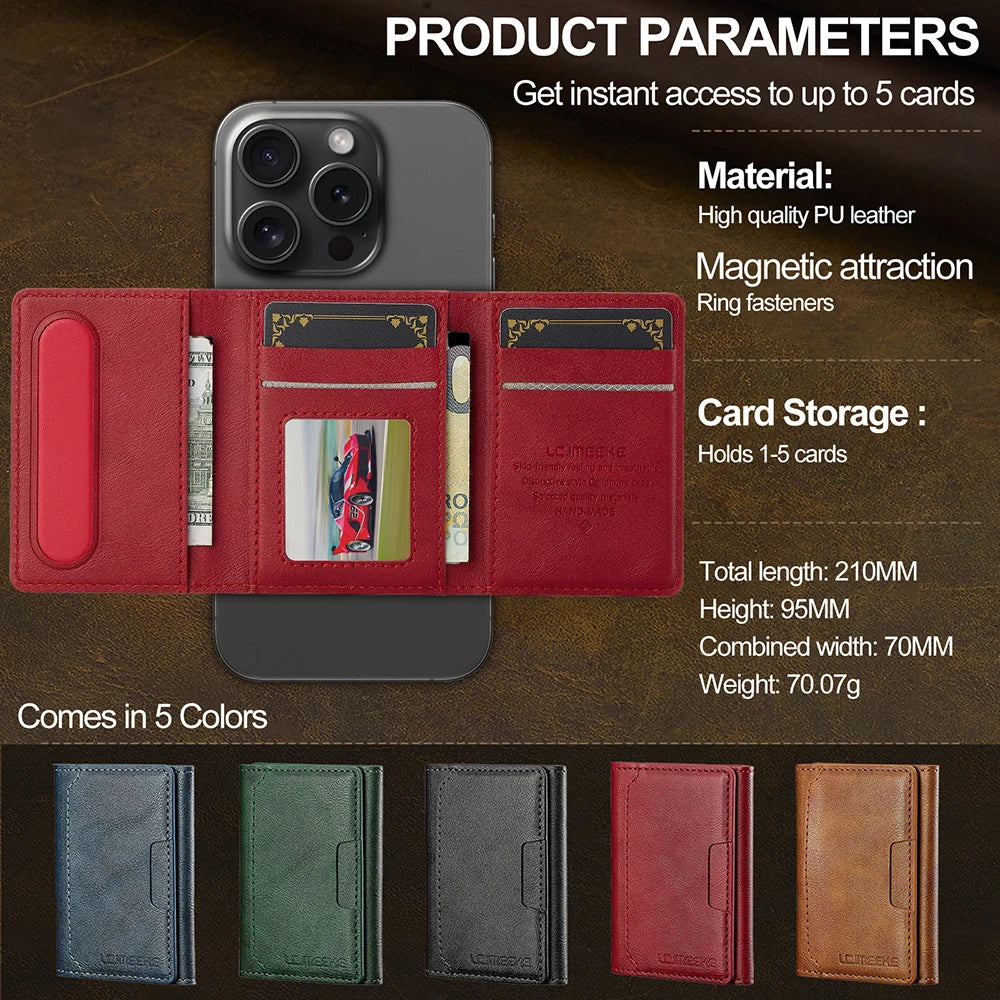 A multi-card wallet with magnetic attachment and ring fasteners shown in five colors, designed as a phone grip stand.