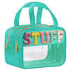 A teal makeup bag featuring a clear window and a sparkly letter 'STUFF' on the front.