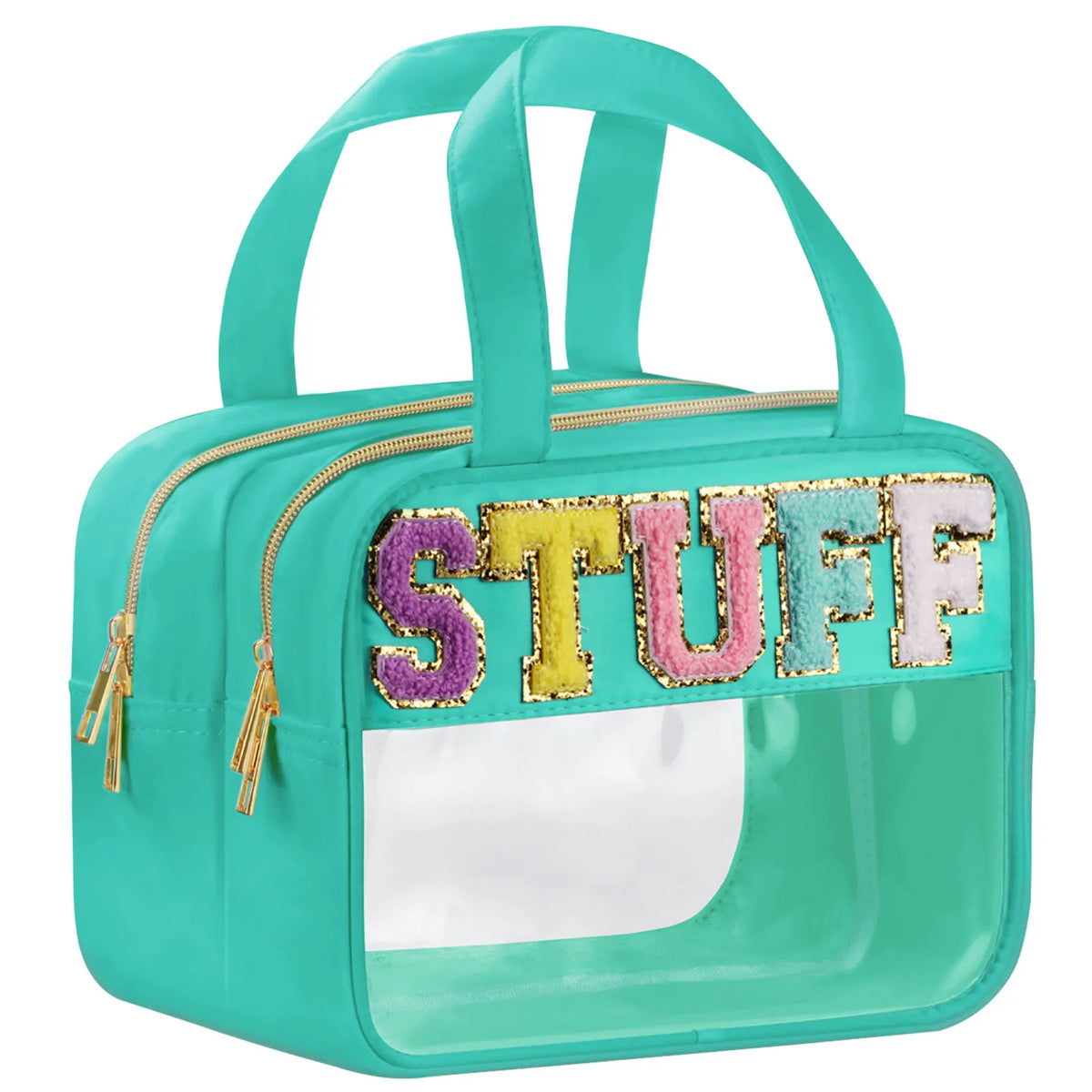 A teal makeup bag featuring a clear window and a sparkly letter 'STUFF' on the front.