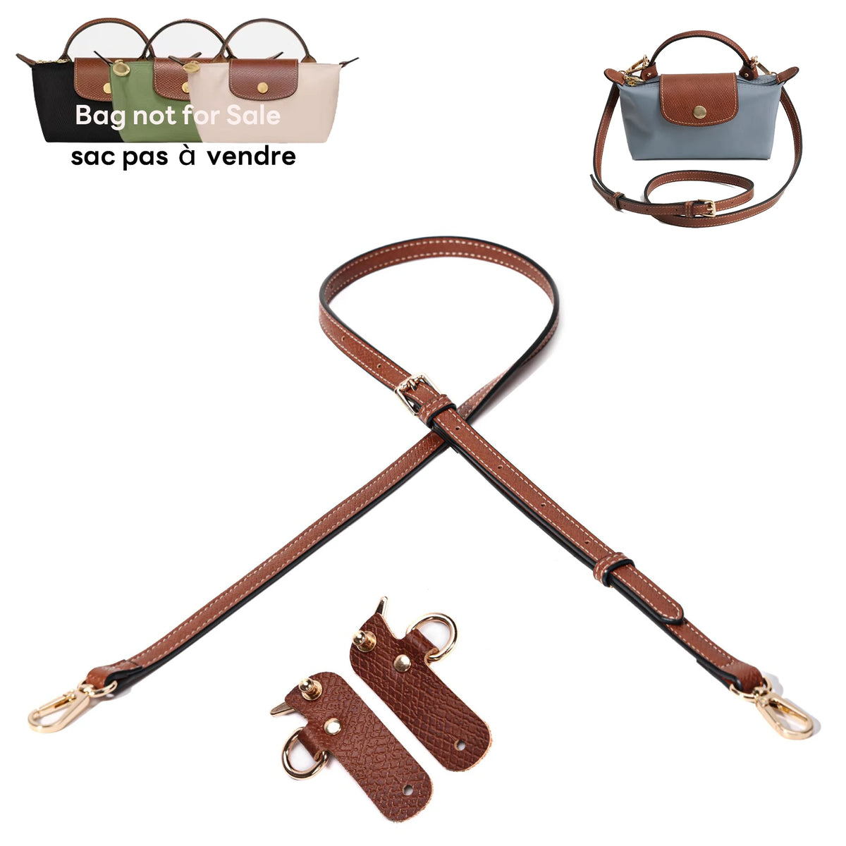 A set of adjustable brown leather straps and conversion straps for mini bags.