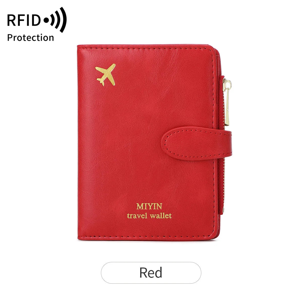 A red multi-functional PU leather travel wallet with a gold airplane emblem.
