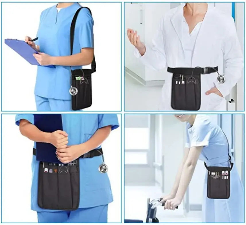 A nurse wearing blue scrubs demonstrates a black organizer belt waist bag with multiple pockets.
