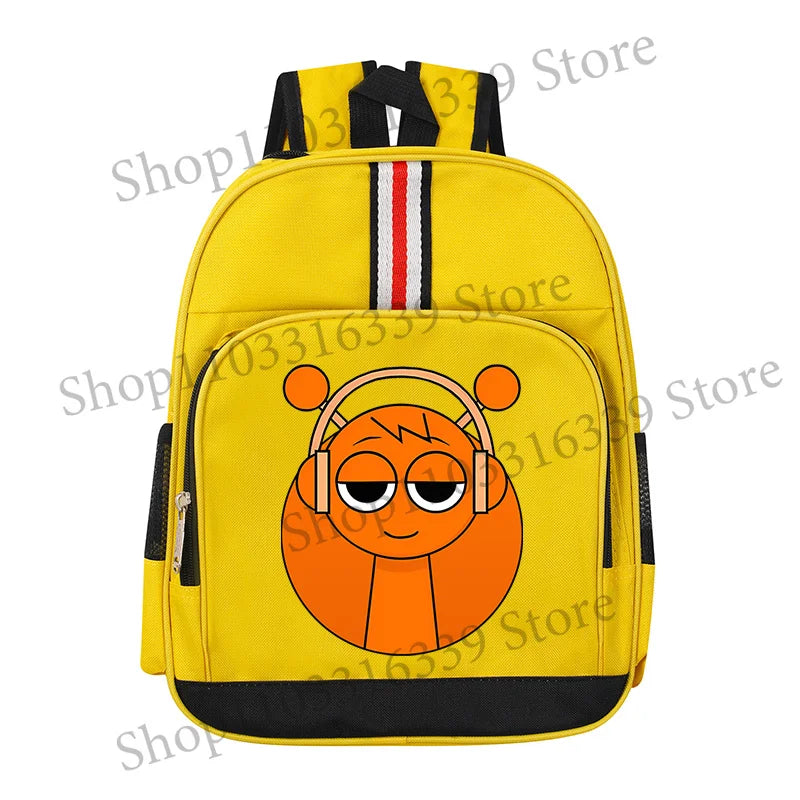 A yellow cartoon anime backpack featuring an orange face with large eyes and headphones.