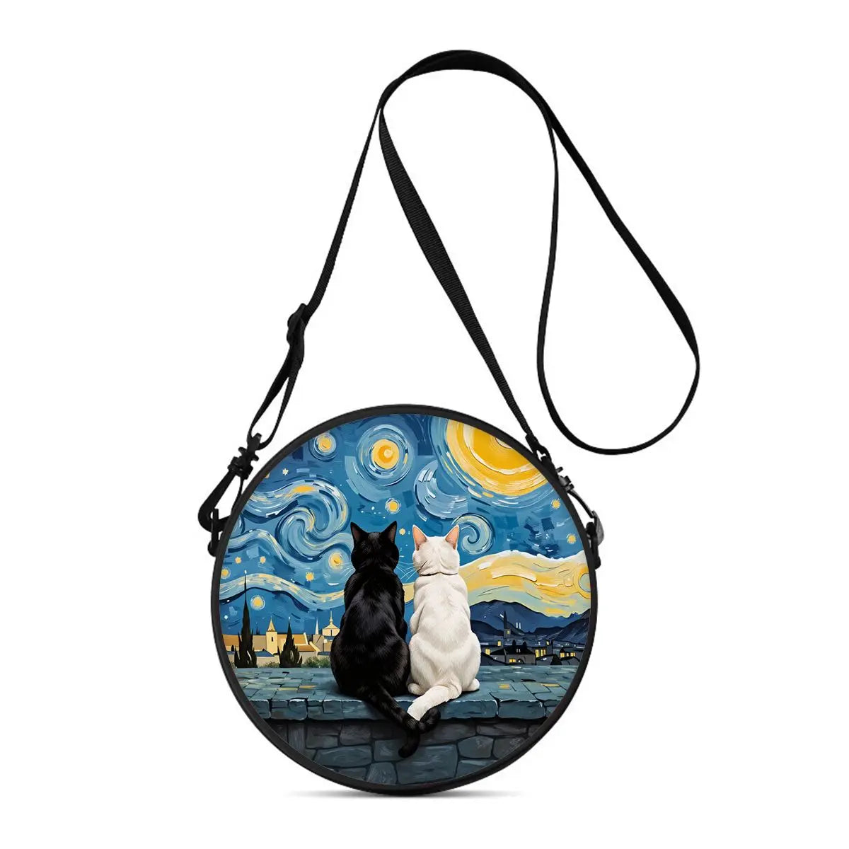 A round cartoon cat crossbody bag with a blue and yellow starry night design.