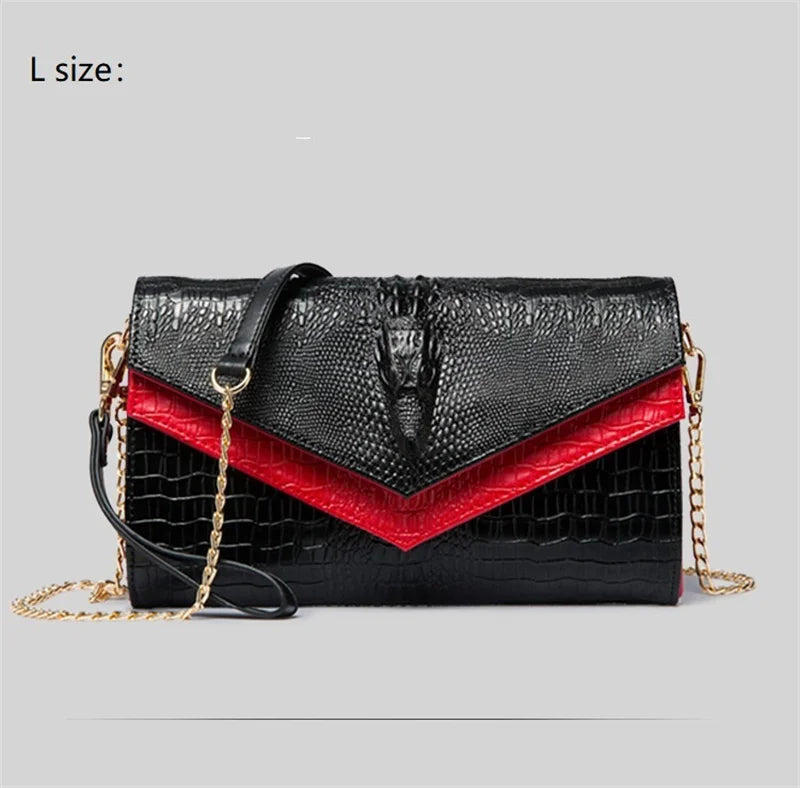 Black and red alligator pattern leather clutch bag with gold chain strap