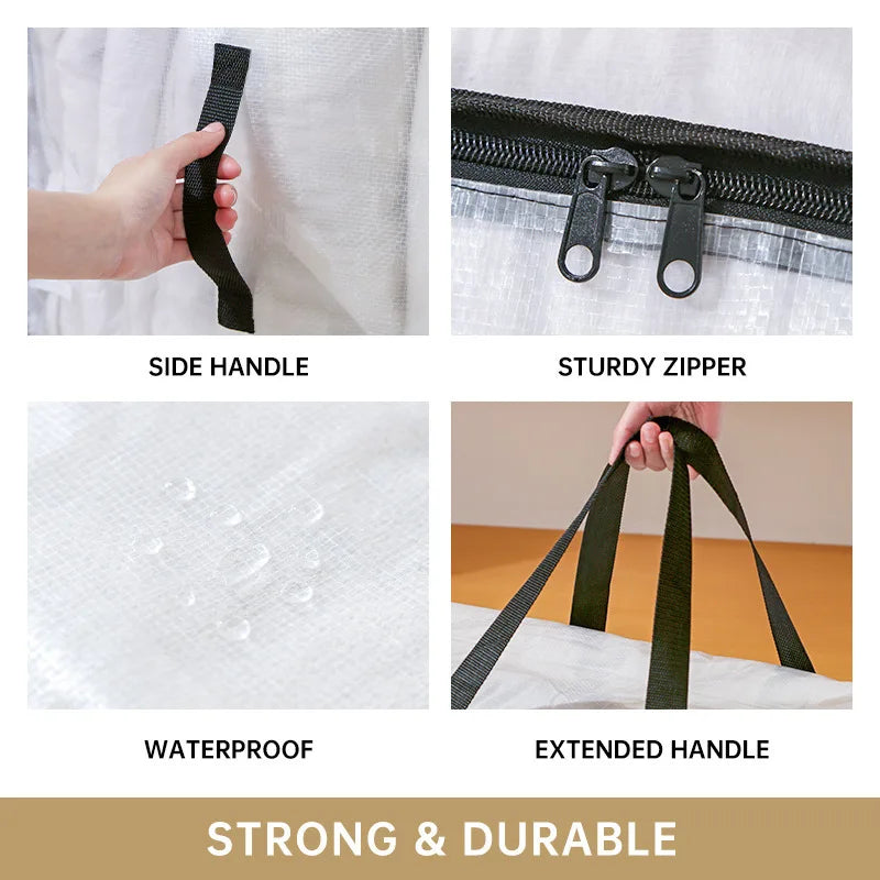 Image showing features of a storage bag including a side handle, sturdy zipper, waterproof material, and extended handle.