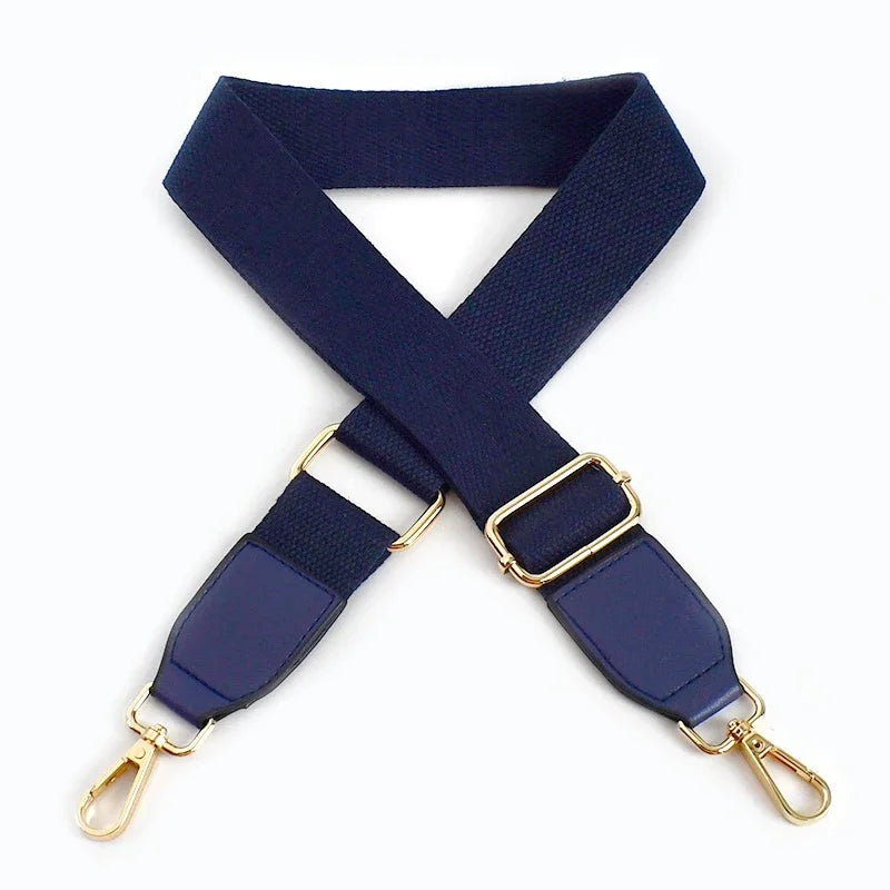 Navy canvas cotton bag strap with gold-toned metal hooks