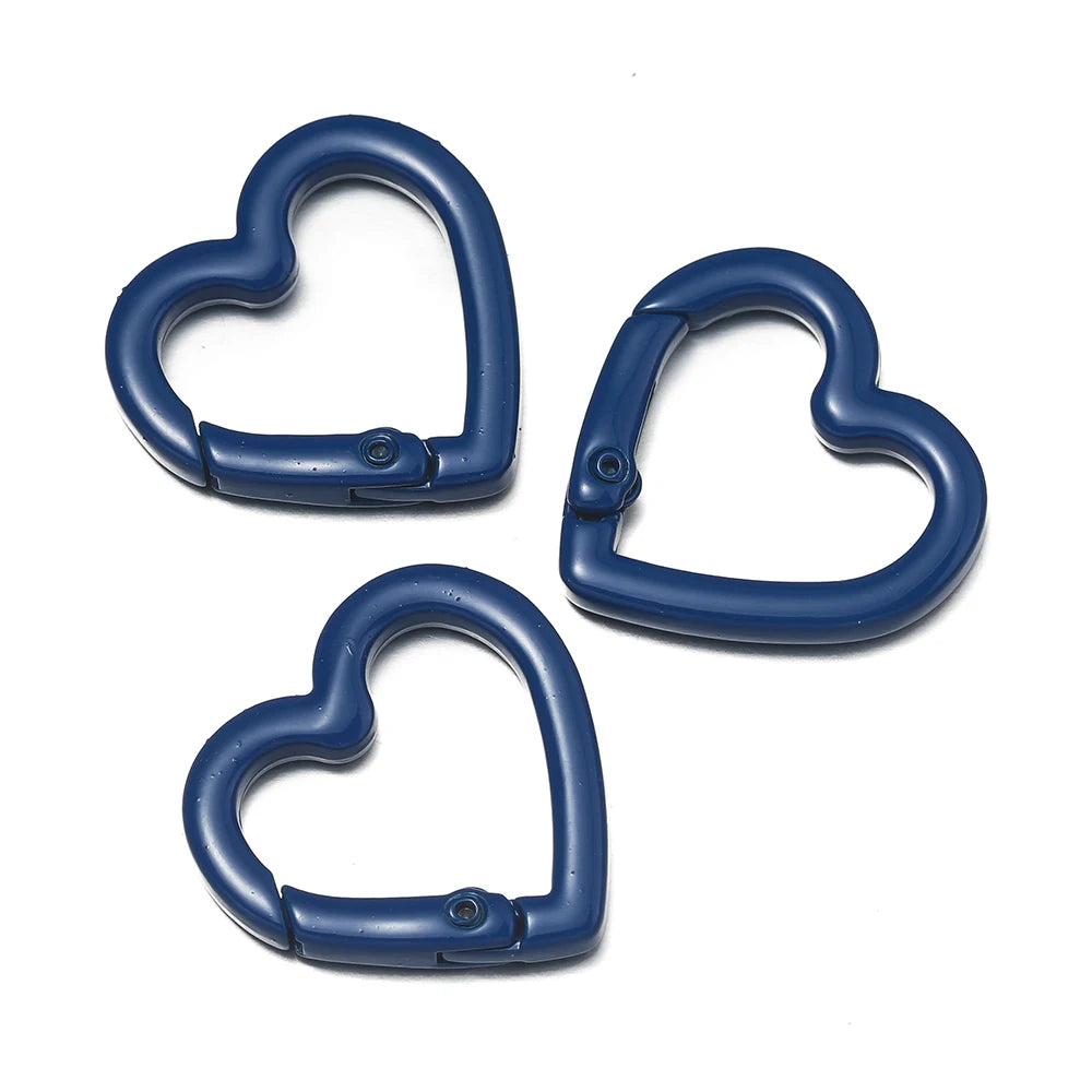 Three heart-shaped metal spring clasps in blue for DIY jewelry and keychains