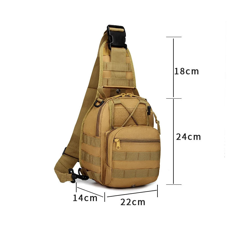 Tan tactical sling backpack shown from the side with dimensions 18cm high and 24cm long.