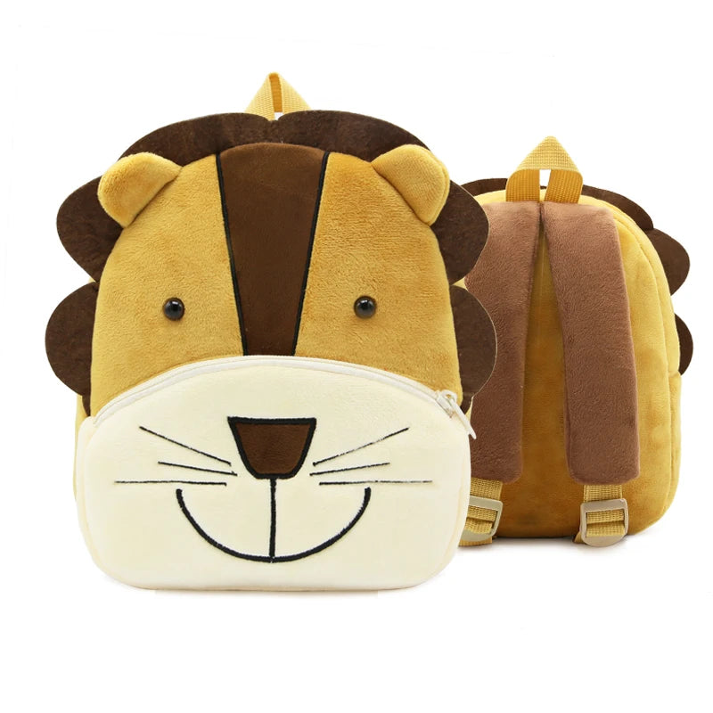 A yellow and brown cartoon animal plush backpack featuring a lion face design.