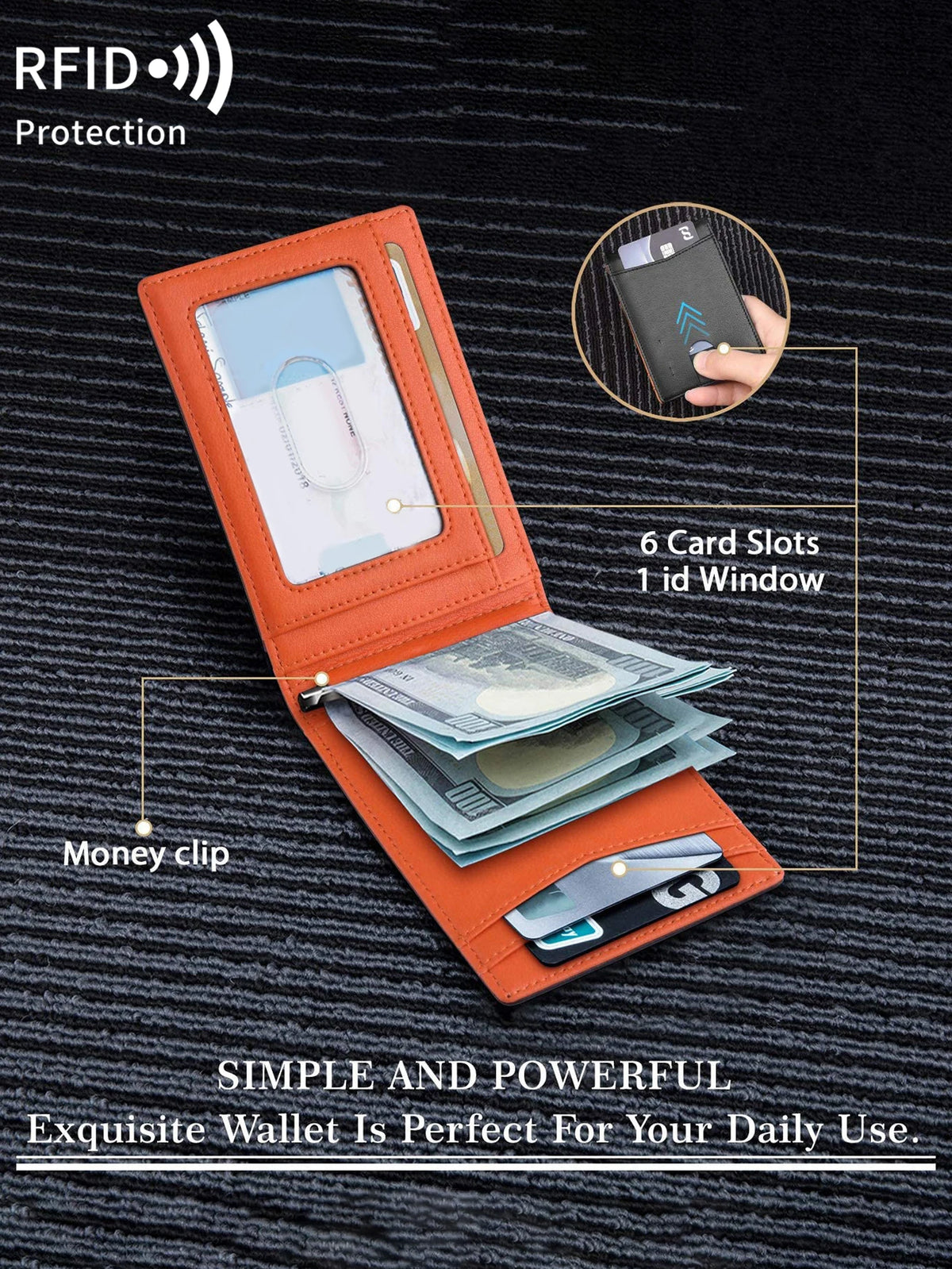 An orange RFID protection wallet showing card slots, an ID window, and a money clip on a dark fabric background.