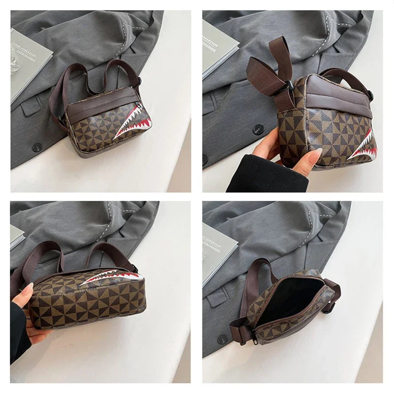A brown patterned leather crossbody purse is shown in multiple angles against a gray blazer.