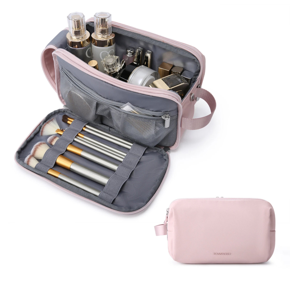 A pink cosmetic toiletry bag open, showing brushes and various small beauty tools inside.