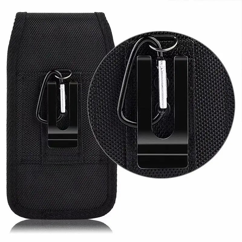 Black universal phone belt clip pouch with a strap and clip for outdoor use