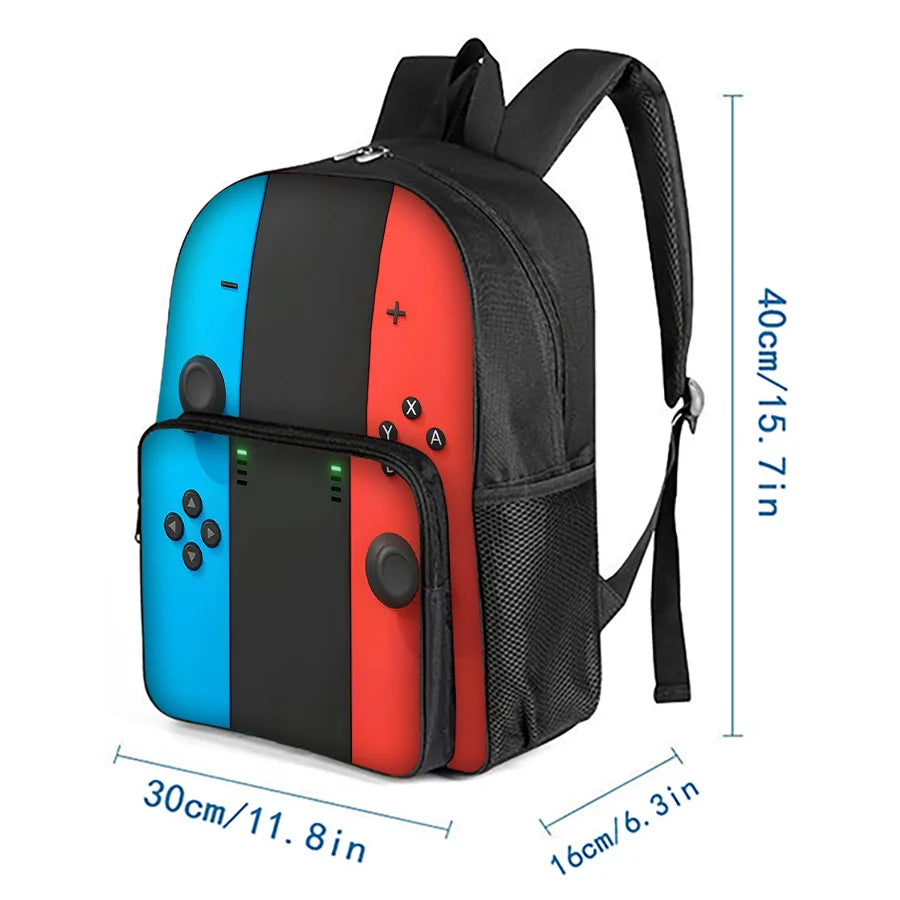 A black backpack featuring a colorful game controller design with a front pocket and adjustable strap.