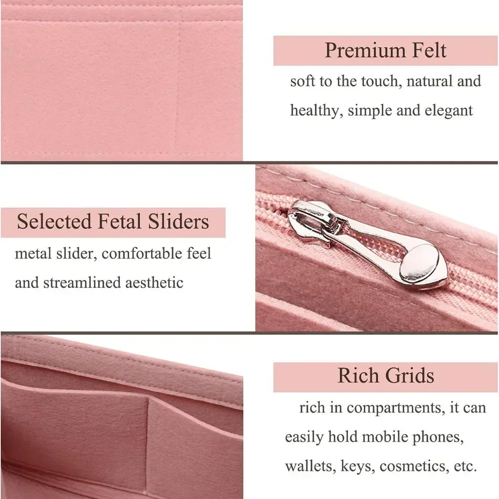 Organisateur de sac en feutre rose avec glissières métalliques et grilles pour ranger divers objets