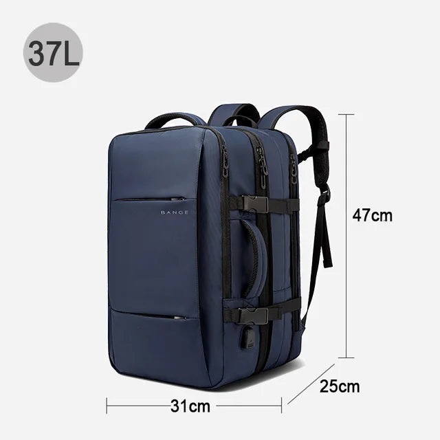 A dark blue men's business travel backpack shown from the side with dimensions 37L and a height of 47cm.