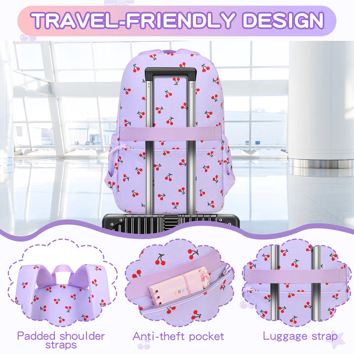 Lila Corduroi-Schulrucksack-Set mit gepolsterten Trageriemen, Anti-Diebstahltasche und Gepäckriemen.
