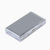 A silver metal cigarette holder with a rectangular glass-like top and a hinged lid.