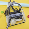 A clear plastic backpack with black straps and mesh pockets is shown on a yellow surface.