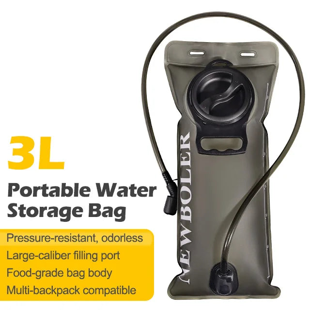 A portable water storage bag in gray with a black hose and fitting, designed for hydration.