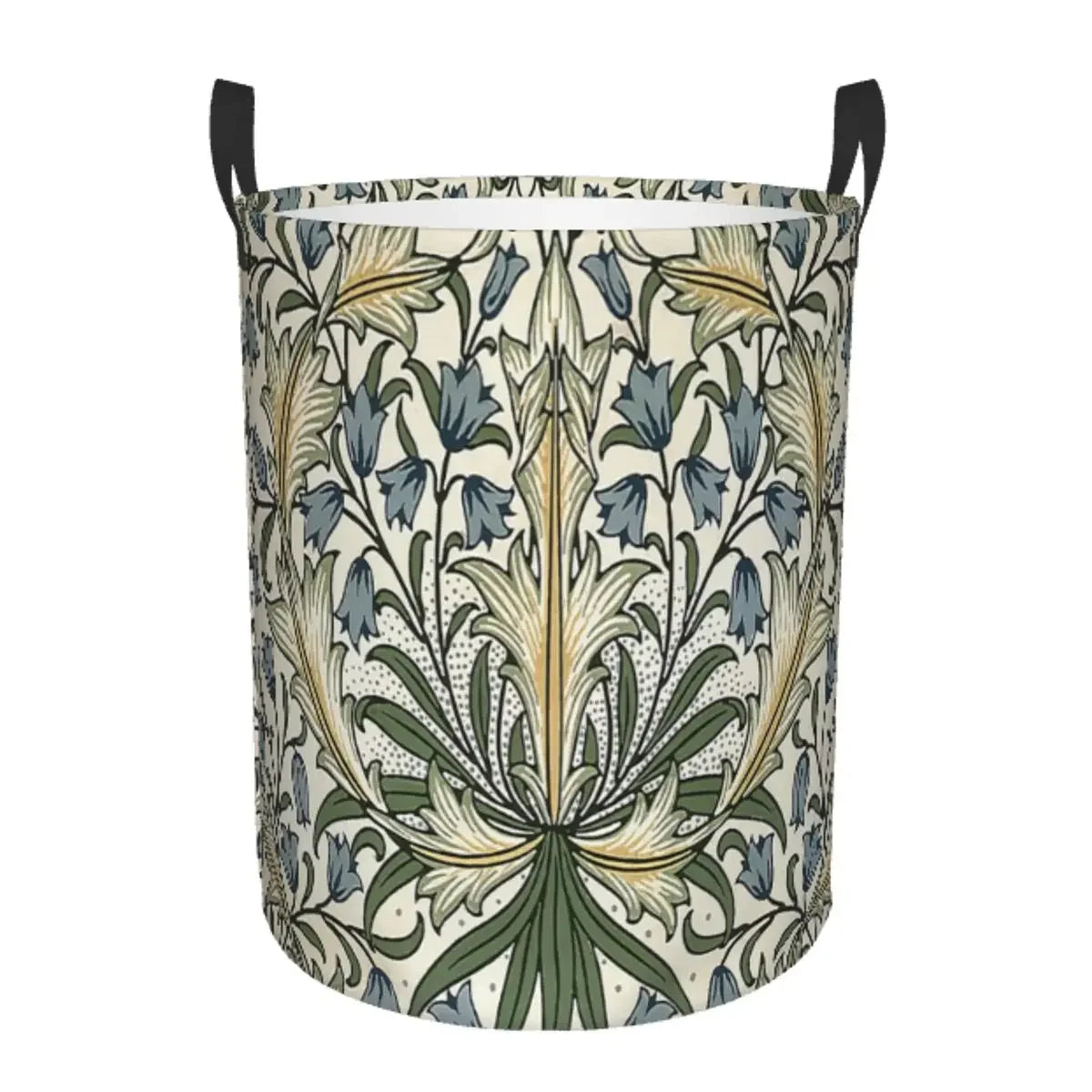 A vintage floral laundry hamper with a patterned fabric and black handles.