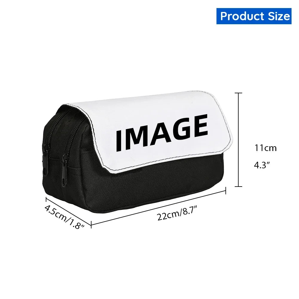 Black and white themed pencil case with an image design shown from the side.