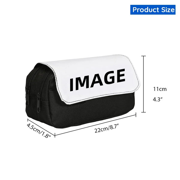Black and white themed pencil case with an image design shown from the side.