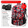 Red and black camouflage upgraded version of a durable travel backpack with various features