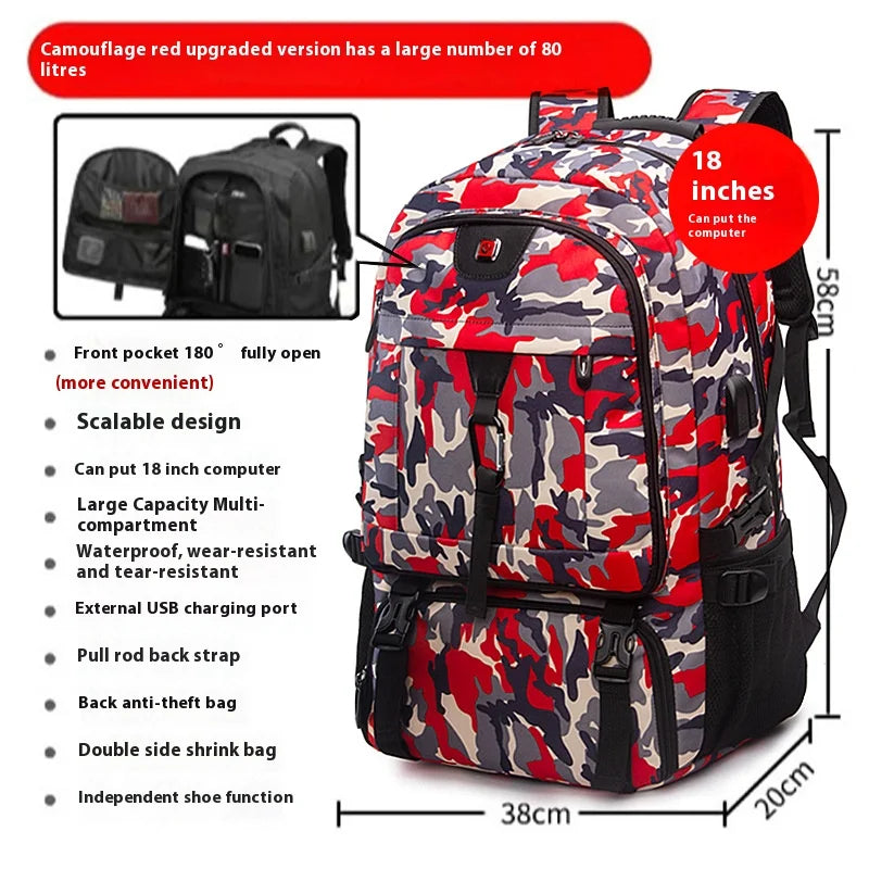 Red and black camouflage upgraded version of a durable travel backpack with various features