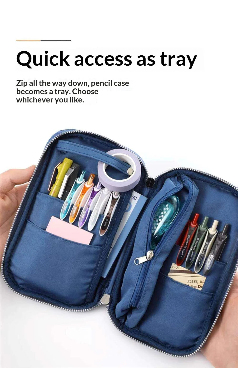 A navy blue multi-compartment pencil case is shown open, demonstrating the quick access tray feature.