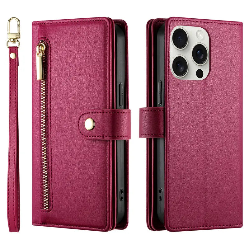 A magenta leather crossbody phone case for an iPhone, shown with a zipper and attached to a keyring.