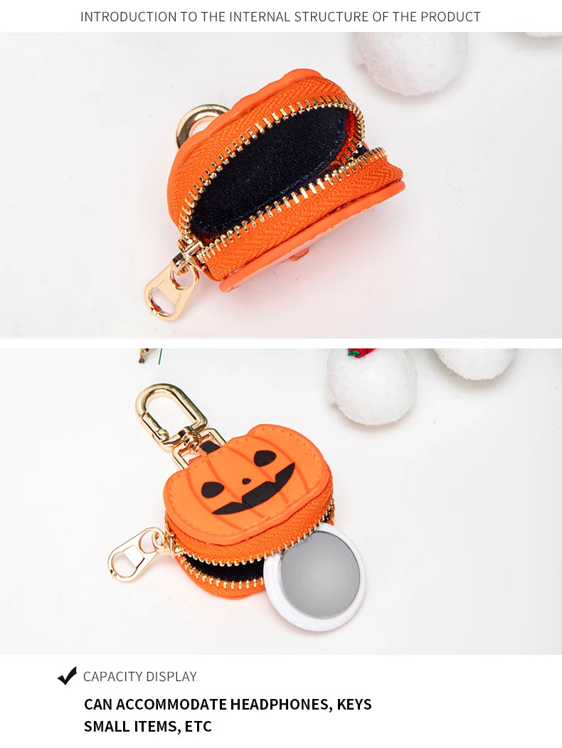 Llavero cartera de monedas en forma de calabaza naranja con herrajes dorados y una moneda plateada dentro