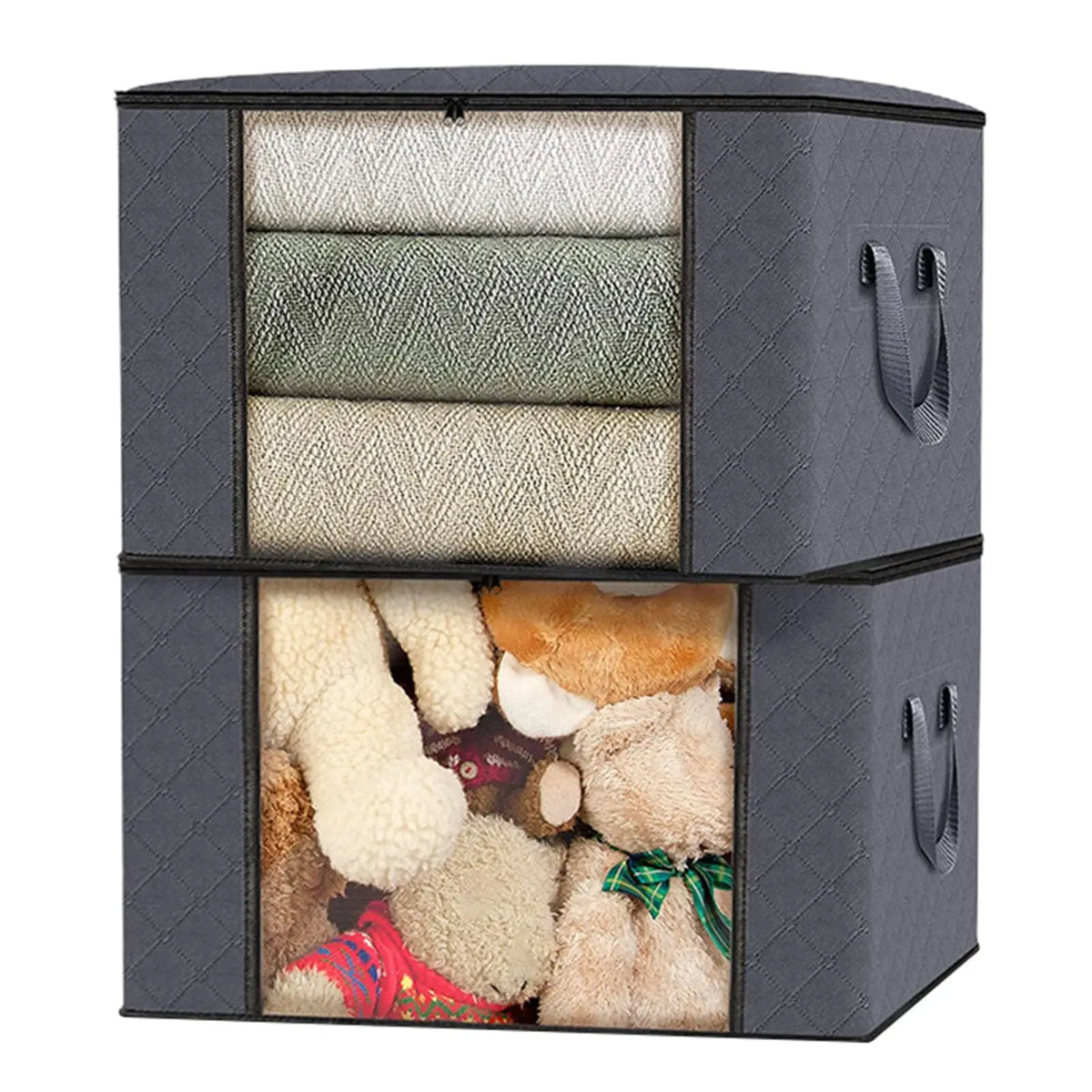 A set of three dark gray fabric storage organizer bins with zippered lids and carrying straps.