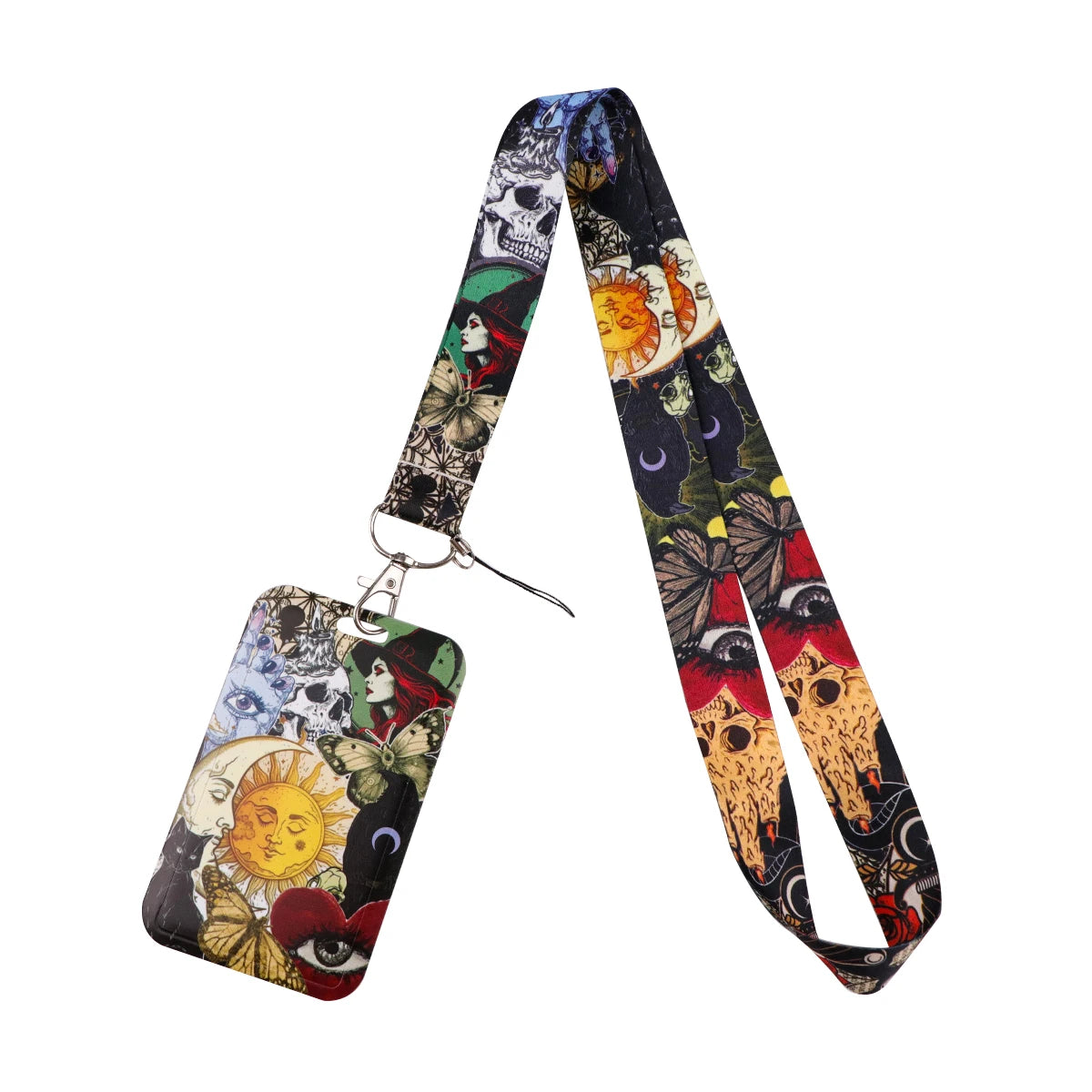 A black and white patterned lanyard with a skull charm attached to a key ring.