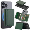 Étui en cuir vert foncé pour smartphone, avec fentes magnétiques pour cartes et protection.