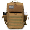 A tan tactical backpack with a flag patch and MOLLE webbing straps.